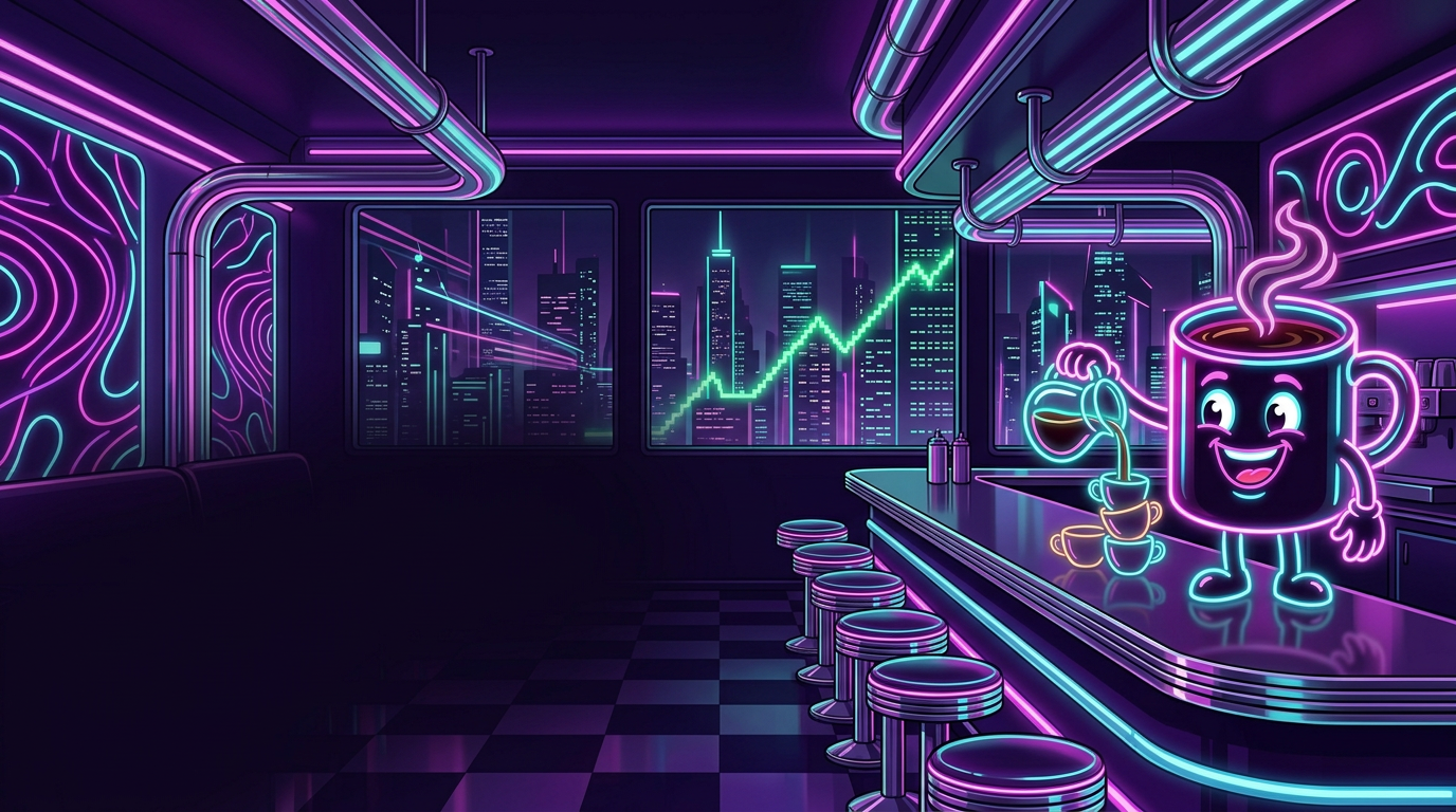 Mugsy the neon coffee mug pouring coffee behind the chrome counter of a synthwave diner at night